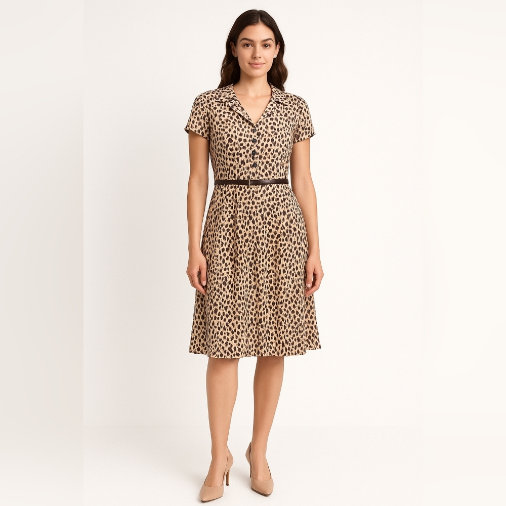 Alex Marie Animal Print Belted Dress Cap Sleeve Midi V-Neck Size 6